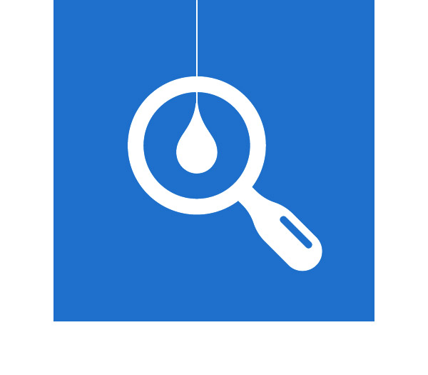 Icon of a white magnifying glass looking at a water drop on a blue square